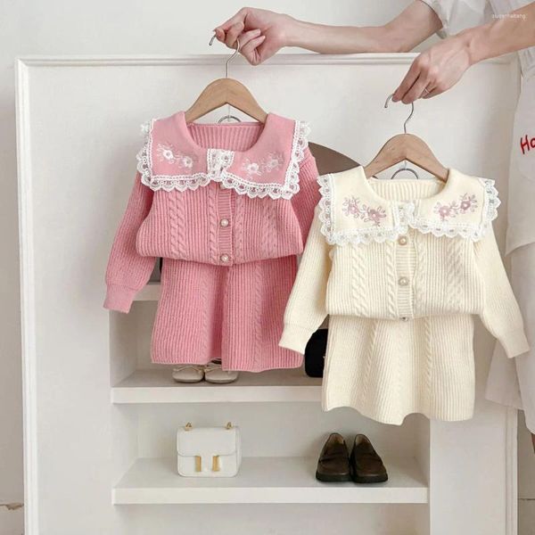 Ensembles de vêtements 2pcs Girls Set broderie Collier de marin floral One Putted Sweater High Waist A-Line Soft Twited Jirt Twopieces Suit