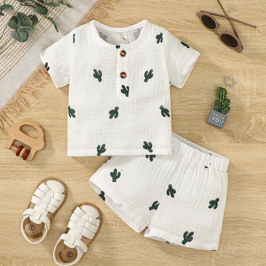 Giyim Setleri 2 PCS Bebek Erkek Bebek Giysileri Seti Toddler Boy Kısa Kollu Baskı T-Shirt +Şort Çocuk Boy Yaz Günlük Kıyafet 0-3 Yıl Y240515
