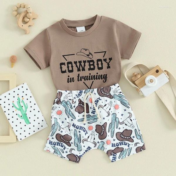 Conjuntos de ropa 2 unids bebé niño bebé niño ropa de verano manga corta vaquero en entrenamiento camiseta tops cactus cabeza de vaca sombrero sol estrellas impresión