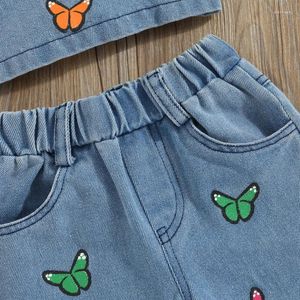 Ensembles de vêtements 2 pièces enfants filles tenues d'été sans manches papillon broderie haut caraco ensemble de jeans