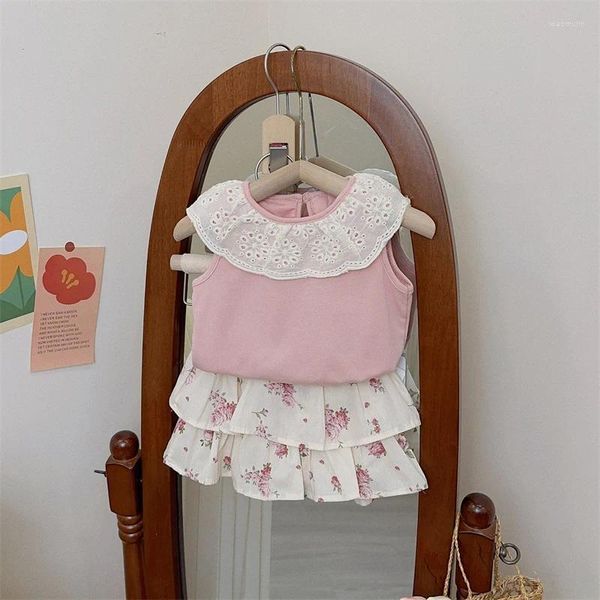 Conjuntos de ropa 2 unids niños niñas falda conjunto patchwork encaje o-cuello mangas chaleco cintura alta estampado floral pantalones cortos moda niños traje de verano