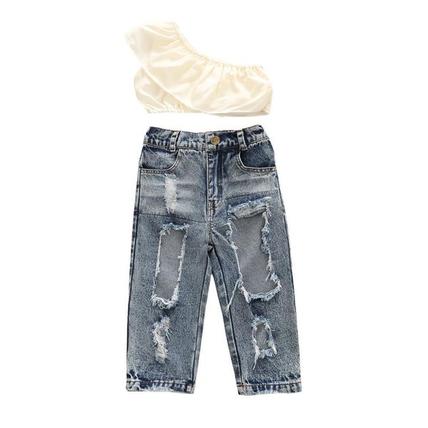 Conjuntos de ropa 2 PCS Kids Summer Outfits Solid Color Volteo One-Ho-Ho-Ho-Ho-Ho-Ho-Ho-Ho-Hoave Manevels Crops Jeans rasgados para niñas de 18 meses a 6 años