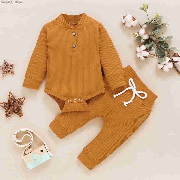 Ensembles de vêtements 2pcs NOUVEAU-né les vêtements pour bébés filles Vêtements solides Romper à manches longues + pantalon ensemble de bébé adapté aux nourrissons filles 3 6 12 24 mois