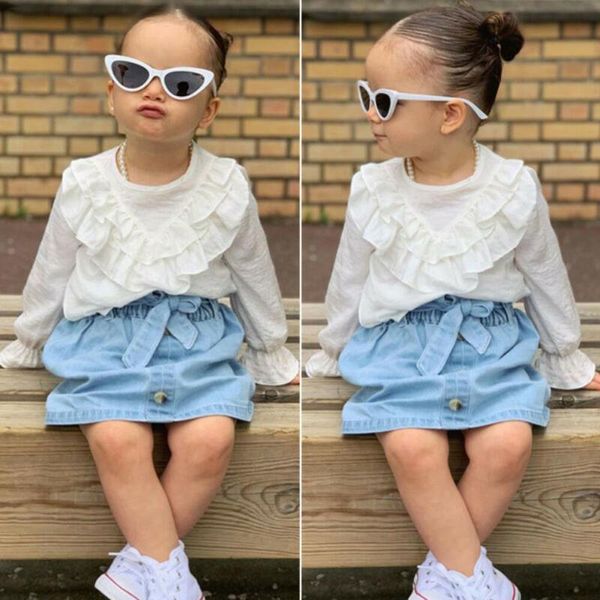 Ensembles de vêtements 2 pièces princesse enfant en bas âge bébé fille à manches longues hauts à volants + robe en jean ensemble de vêtements