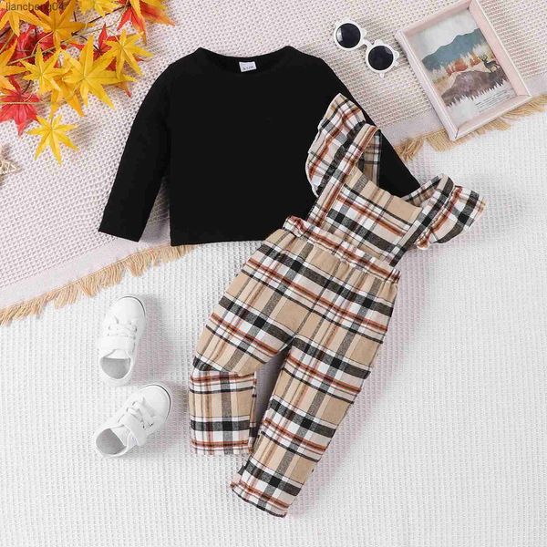 Vêtements ensembles 2pcs ensemble 2023 mode bébé filles pur noir à manches longues t-shirt décontracté salopette pantalon infantile nouveau-né printemps automne tenue