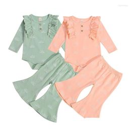 Conjuntos de ropa 2 Unids Set Born Baby Girl Sun Print Body de algodón de manga larga Tops Pantalón acampanado Trajes con parte inferior de campana Ropa Drop Delive Dh4Tq