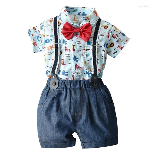 Ensembles de vêtements 2pcs / set pour enfants d'été pour enfants et petits enfants gentleman boy costume suspense zoo imprimer coton