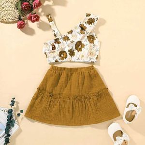 Kledingsets 2 stks/set ootd voor babymeisjes Kids Princess Dress 1-6 jaar oud Floral One-Shoulder Mouwloze Suspender Croptop Setl2405