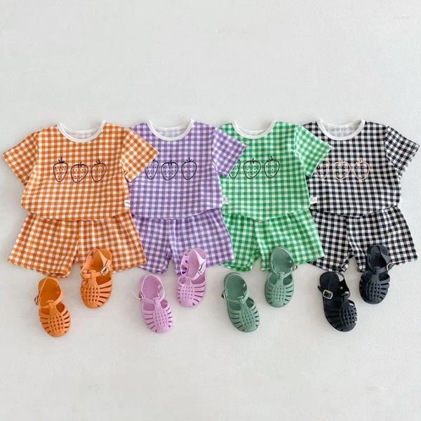 Ensembles de vêtements 2 pièces été bébé ensemble enfant en bas âge treillis t-shirt shorts filles fruits imprimé costumes mince coton t-shirts courts tenues pour bébés