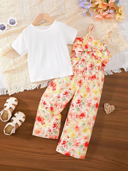 Ensembles de vêtements 2pcs Summer Child Girl Set à manches courtes T-shirt White Flower Sold Pantal
