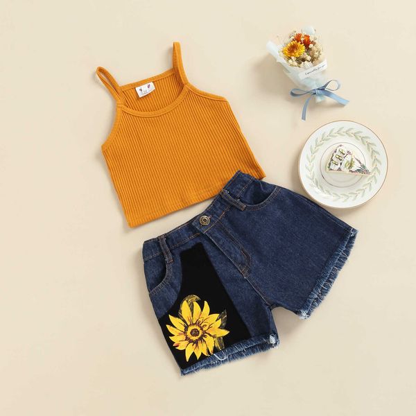 Ensembles de vêtements 2 pièces ensembles de vêtements d'été pour filles 1-6 ans sans manches couleur unie débardeurs tournesol Denim Shorts vêtements