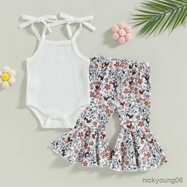 Conjuntos de ropa, 2 uds., ropa de verano para niña recién nacida, Pelele acanalado de algodón sin mangas blanco, conjunto de pantalones acampanados florales