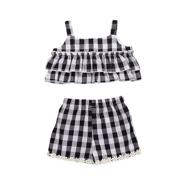 Ensembles de vêtements 2 pièces doux bébé filles tenue ensemble 2021 été créatif noir blanc impression à carreaux sans manches haut à bretelles + short en dentelle