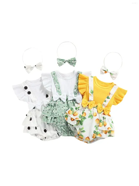 Conjuntos de ropa 2 piezas Estilo dulce Bebé Niñas Traje Niños Pequeños Verano Floral / Limón / Punto Impresión Manga Empalme Romper Bow Headwear Set