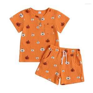 Ensembles de vêtements 2pcs enfant en bas âge bébé garçon tenue d'Halloween à manches longues à manches longues dessin animé citrouille bouton chemise top short pantalon gentleman vêtements