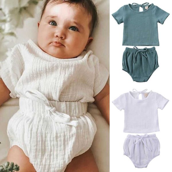 Conjuntos de ropa 2 uds. Conjunto de ropa de verano para bebés y niñas, camisetas de manga corta sólidas de lino y algodón, pantalones cortos, trajes para recién nacidos Z0321