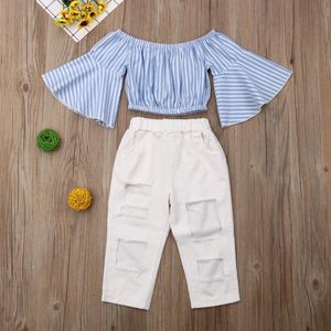 Ensembles de vêtements 2 pièces enfant en bas âge bébé filles vêtements hauts à épaules dénudées + pantalon Long trou déchiré tenue 1-6T