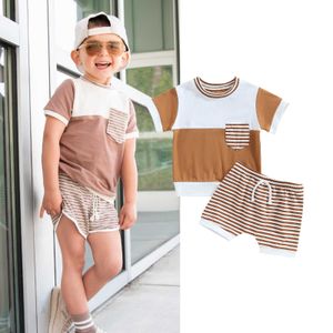 Ensembles de vêtements 2 pièces pour enfants en bas âge, vêtements décontractés pour garçons, chemises à manches courtes avec poches et Shorts rayés