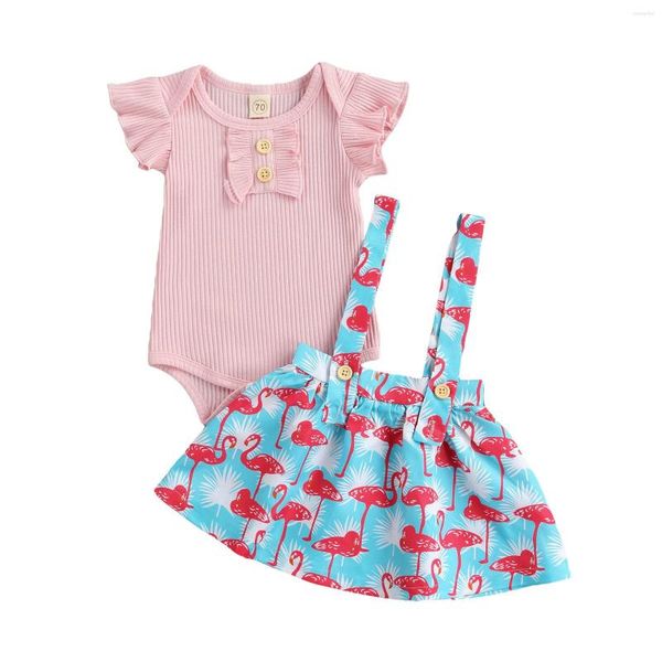 Ensembles de vêtements 2 pièces enfant en bas âge tenues d'été couleur unie manches courtes barboteuse flamant rose imprimé bretelles robe pour bébé filles 0-24 mois