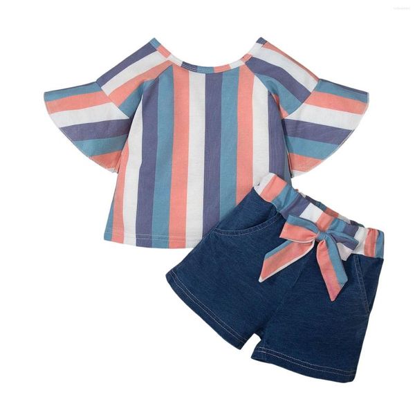 Ensembles de vêtements 2 pièces enfant en bas âge été survêtement rayure col rond manches Mandarin hauts taille élastique Shorts pour bébé filles 3-24 mois