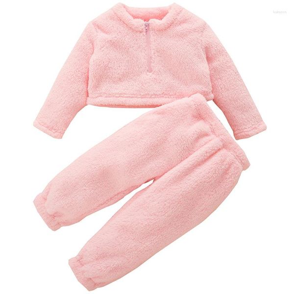 Conjuntos de ropa de 2 piezas para otoño e invierno, ropa de estilo coreano para niños, conjunto informal de lana lisa, Tops cálidos, pantalones de lujo para bebés BC038