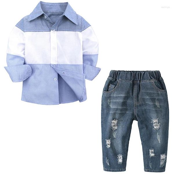 Conjuntos de ropa 2 piezas Otoño Ropa para niños Niños Moda casual Raya Algodón Manga larga Bebé Tops Agujero Jeans Conjunto de lujo para niños BC816