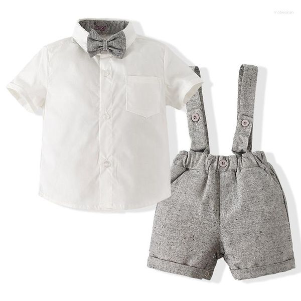 Conjuntos de ropa, 2 piezas, ropa de verano para bebés, traje de caballero a la moda, algodón blanco, manga corta, corbata, Tops, conjunto de nacimiento, BC2410-1
