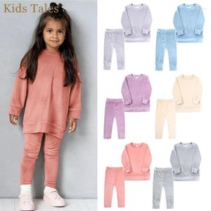 Kledingsets 2 stuks kleine kinderen meisjes mode fluwelen effen sweatsuit peuter pullover sweatshirts broek kinderen atletische kleding