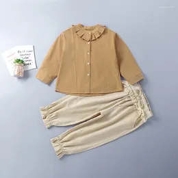 Ensembles de vêtements 3-10 ans de haute qualité coton printemps fille ensemble 2023 jaune blanc solide enfant enfants vêtements chemisiers pantalons