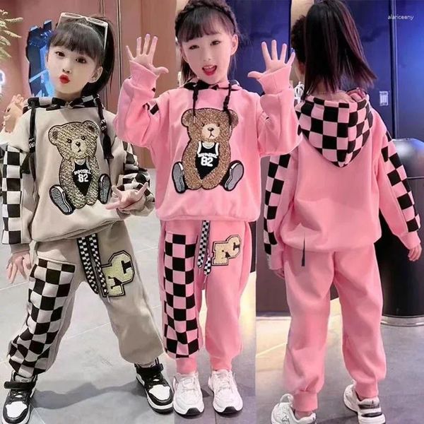 Conjuntos de ropa 3-12 años Primavera Otoño Conjunto de niñas Patrón de oso de dibujos animados Sudaderas con capucha Pantalones 2 piezas Traje para niños