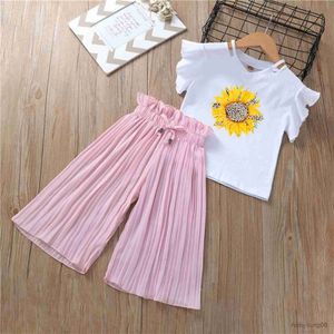Kledingsets 3-12Y Kids Girls Summer Sunflower Shirt enChiffon Ruched Losse broek Outfits Kinderkleding