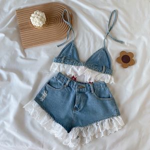 Kledingsets 3 16 -jarige tienermeisjes Zomerkleding Mouwloze denim Crop Shirts Jeans shorts broek peuter kinderen pakken voor meisje 230303