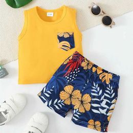 Ensembles de vêtements 3-24 mois Enfant Baby Boy Clothes Set Summer Souless Pocket T-shirts Shorts 2pcs Toddler Boy Tiptifit Casual Outfit Suit Place Set Y240515