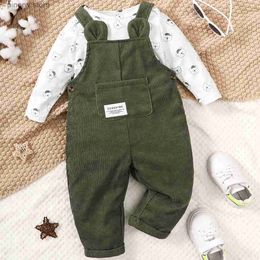 Conjuntos de ropa 3-24 meses Bebé niño y niña Conjunto de ropa de 2 piezas Body con estampado de oso y moda general verde Ropa linda de otoño e invierno