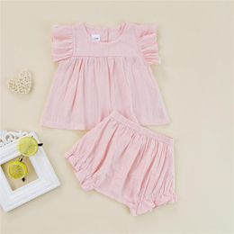 Kleidungssets 3-24 Monate Geborenes Baby Mädchen Rosa Kleidung Kleinkind Kind Einfarbig Kurzarm Rüschen Spitze T-Shirt Tops Elastische Taille Shorts
