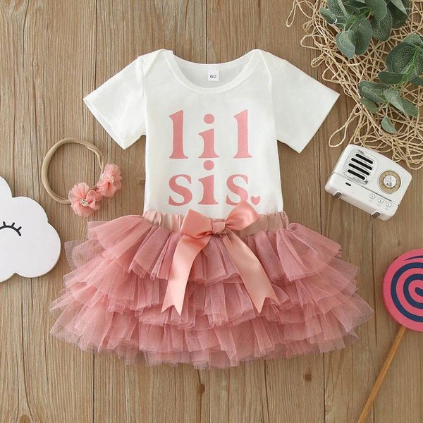 Ensembles de vêtements 3 6 12 18m bébé filles vêtements d'été Vêtements de manche courte lettre imprimé Mesh tulle tutu jupe bande 3 pcs tenues