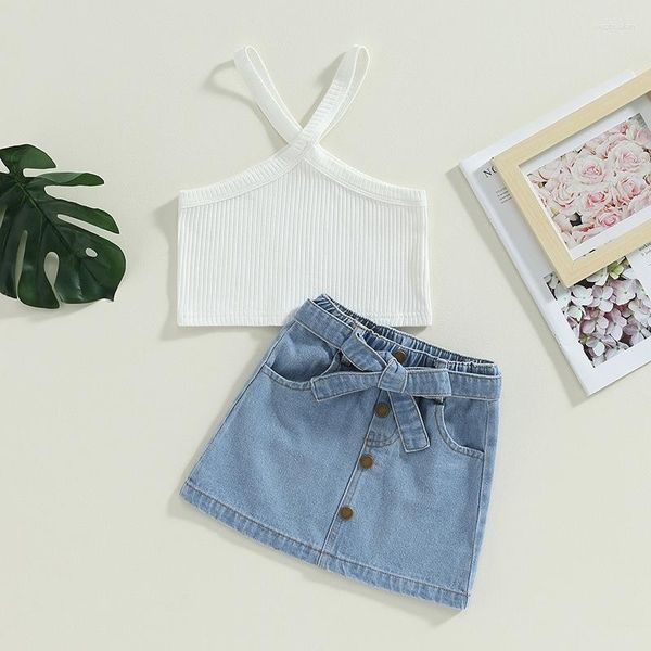 Ensembles de vêtements 3-8Y Fashion Girls Vêtements sans manches côtelés col croisé Camisole avec taille élastique ceinturée mini jupe en jean enfants tenue d'été