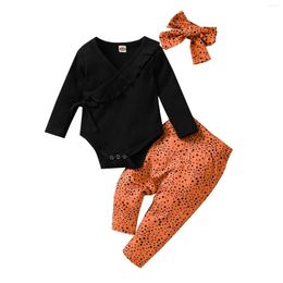 Kleding sets 3 pc's babymeisjes casual outfits tie-up geribbelde ronde met lange mouwen ronde nek cross play play dot print broek bowknot hoofdband