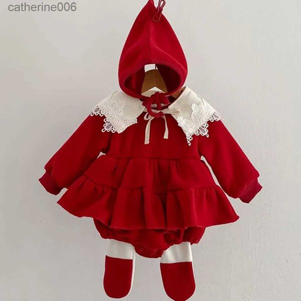 Ensembles de vêtements 3 pièces bébé barboteuse + casquette + écharpe ensemble hiver filles épaissir chaud doublure en polaire body dentelle princesse noël Tutu jupe vêtements pour bébés L231202