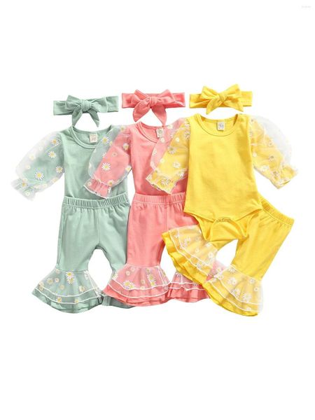Conjuntos de ropa 3 PCS Born Daisy Pattern Outfits Baby Girl Mesh Patchwork Redondeo redondo Campo de manga larga Pantalones acampanados Diadema