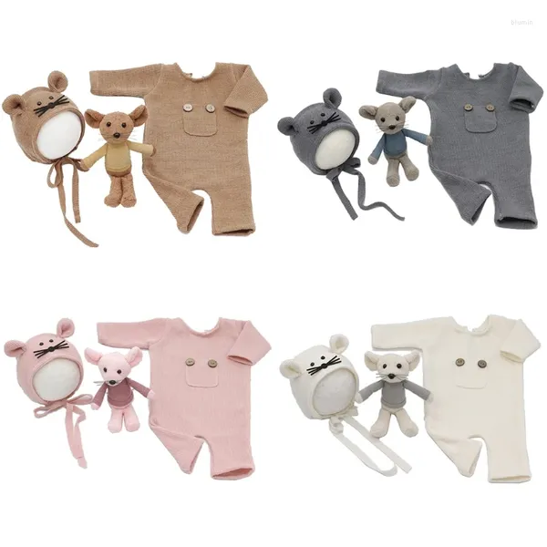 Conjuntos de ropa 3 unids/set mono de punto ratones para envoltura de cabeza turbante nacido accesorios de pografía bebé niño niña mameluco sombrero ratón D