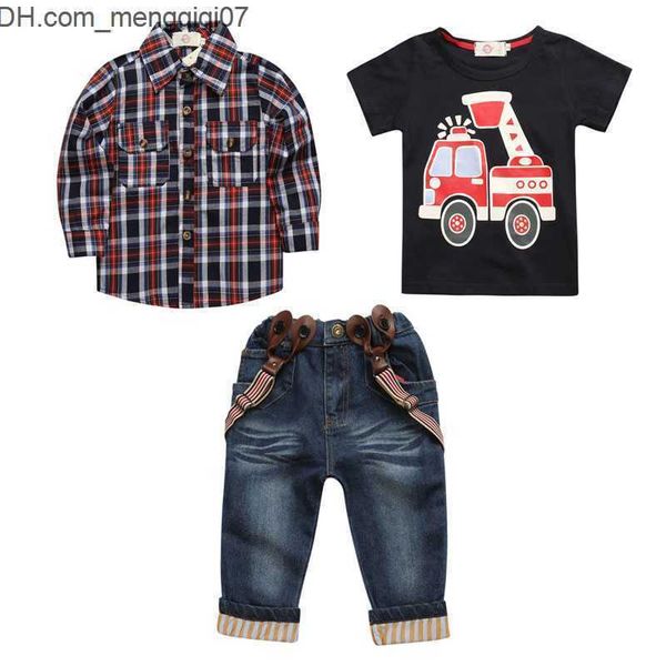 Conjuntos de ropa Conjunto infantil de 3 piezas estilo caballero para niños Camisa plana + Camiseta de coche + Jeans Ropa para niños Z230724