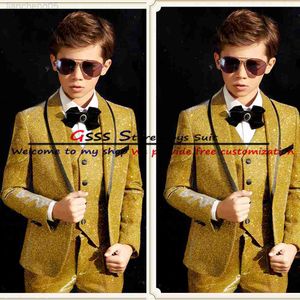 Kledingsets 3-delige pakken voor jongens Tuxedo Wedding Jacket broek Vest Shiny Silk Child Blazer Set 3-16 jaar oud Custom Complete Outfit W0224