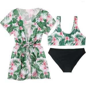 Ensembles de vêtements 3 pièces Tropical Print Girls Bikini Set Bathing Robe Bikin Bra Bottom Bottom