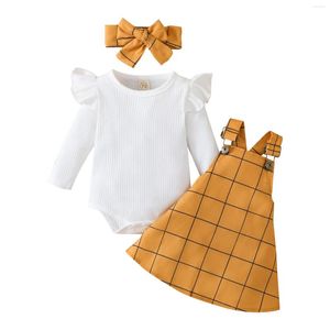 Conjuntos de ropa Conjunto de traje de bebé de 3 piezas, mameluco de manga larga con cuello redondo de Color sólido, falda con tirantes a cuadros, diadema para niñas de 0 a 18 meses