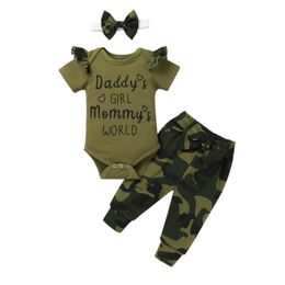 Kledingsets 3 stuks Kinderen Pak ingesteld Letter Afdrukken Oneck korte mouw romper camouflage printbroek hoofdband voor meisjes 312 maanden Z0321