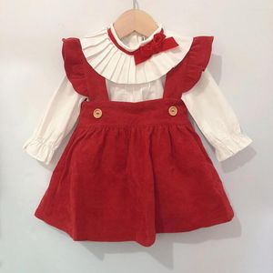 Kledingsets 3 stks 1-5 jaar Autumn Kinderen Boutique Spaanse meisjes Eid Red Jurk Lange mouw katoenen shirt Prinses Verjaardagspak