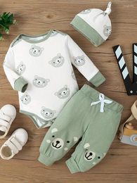 Kledingsets 3 stcs herfstjongens casual jumpsuit set met dierenprint ronde nek lange mouwen gepaarde broek hoed geboren 0-18m