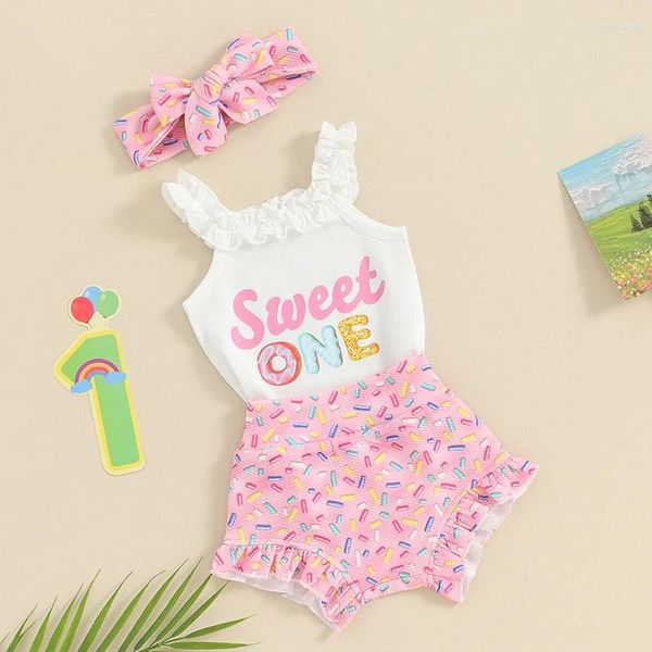 Vêtements Ensembles 3pcs bébé fille 1ère tenue d'anniversaire Sweet One Frills sans manches Rober Donut Shorts Bande Band Cake Infant Cake Smash