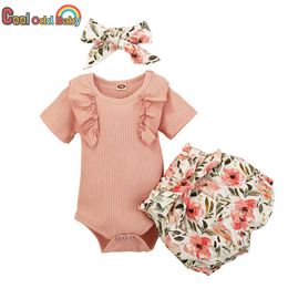 Kledingsets 3 stks babymeisje kleren set zomer pasgeboren peuter schattige ruche ruche korte mouw romper tops bloemen shorts hoofdband 2022 baby outfit z0321